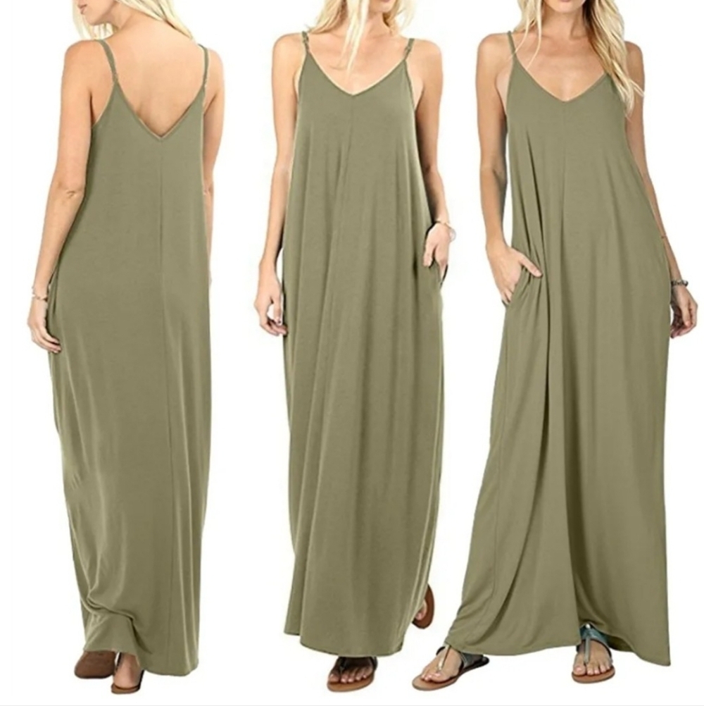 Zenana Cami Spaghetti Strap Dark Army Green Maxi Dress With Pockets Size M - Picture 1 of 6